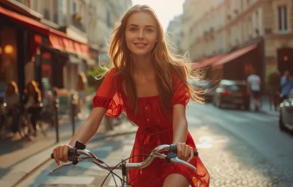 Дорога, взгляд, девушка, свет, велосипед, город, улыбка, люди