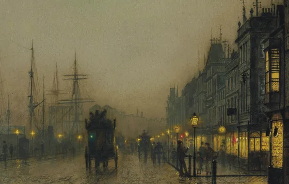 Ночь, огни, картина, городской пейзаж, Джон Эткинсон Гримшоу, John Atkinson Grimshaw, Reekie. Glasgow