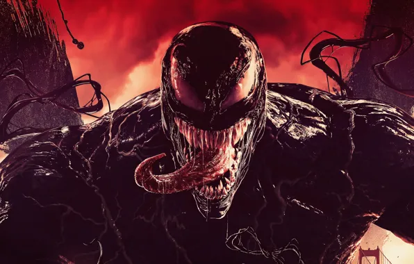 Язык, пасть, комиксы, красный фон, Веном, Venom, симбиот