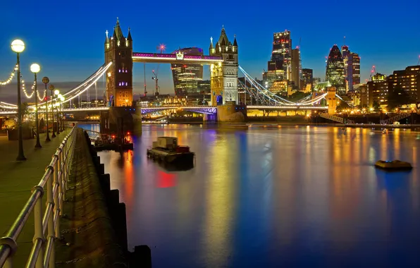 Ночь, огни, река, Англия, Лондон, Темза, Тауэрский мост