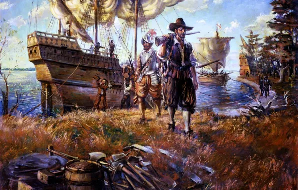 Картинка берег, масло, корабли, картина, холст, англичане, колонисты, .первые