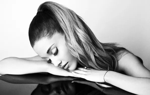Music, girls, monochrome, singer, black and white, cute, celebrities, Ariana Grande