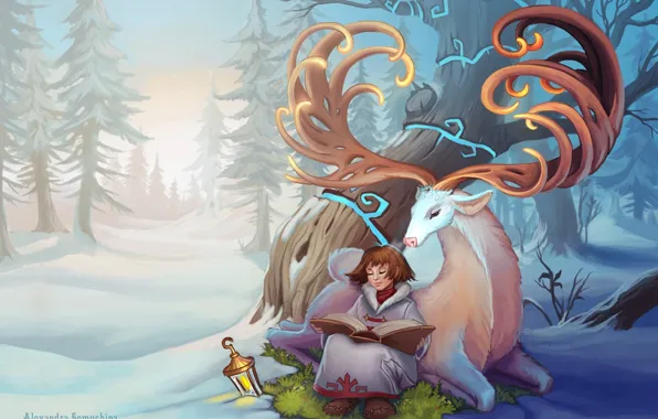 Картинка зима, лес, дерево, олень, арт, девочка, фонарь, рога