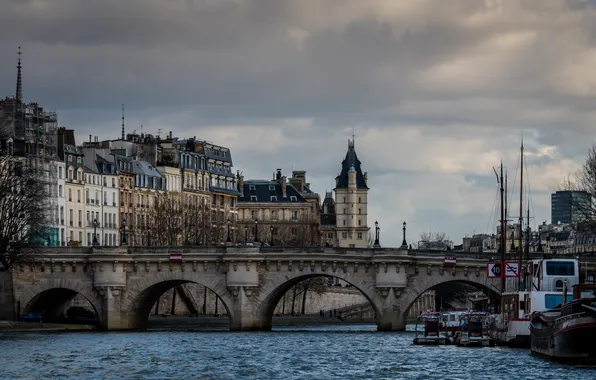 Картинка мост, река, Франция, Париж, дома, вечер