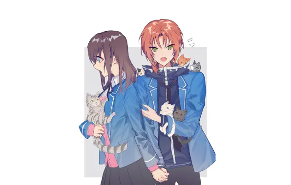 Девушка, котята, парень, двое, Fanart, Ensemble Stars!, Anzu, Tsukinaga Leo
