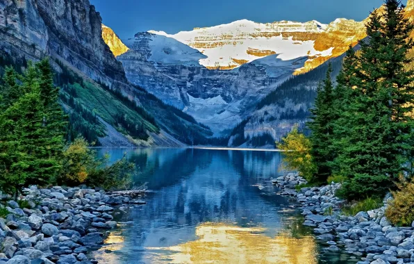 Деревья, горы, озеро, камни, Канада, канал, Banff National Park, Alberta