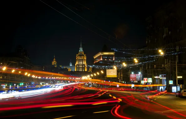 Картинка ночь, Москва, Россия, Russia, Moscow, night light, Кутузовский проспект