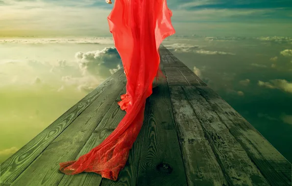 Картинка небо, облака, мост, шлейф, кольцо, девушка в красном платье, The Red