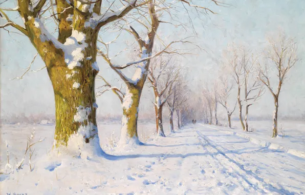 Картинка зима, снег, деревья, картина, живопись, Walter Moras