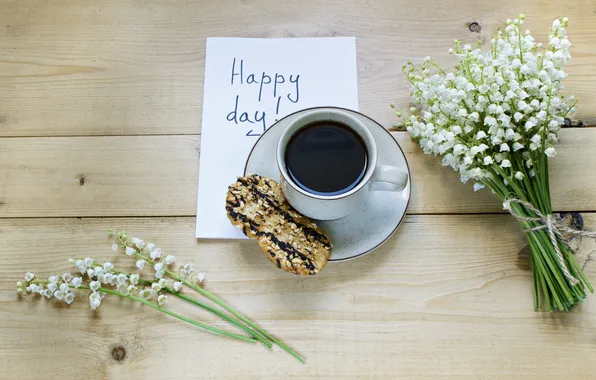 Цветы, ландыши, wood, flowers, cup, coffee, good morning, чашка кофе