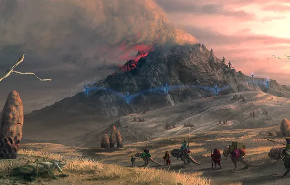 Картинка камни, пустыня, дым, гора, вулкан, арт, караван, Morrowind