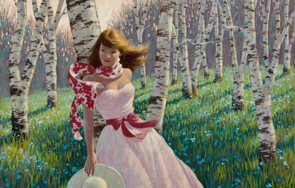 Картинка лес, девушка, цветы, весна, березы, живопись, Arthur Saron Sarnoff, розовое платье