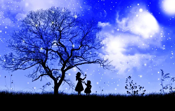 Картинка небо, трава, девушка, звезды, облака, ночь, ветки, дерево