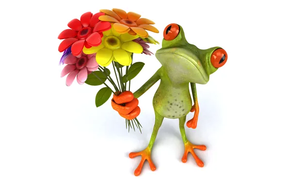 Лягушка, frog, flowers, funny