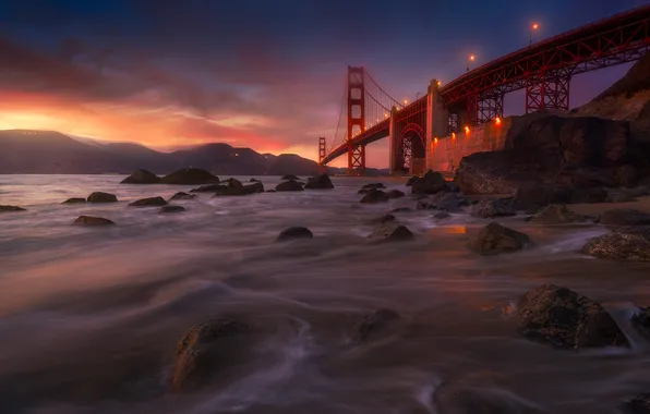 Картинка горы, ночь, мост, пролив, камни, Калифорния, Сан-Франциско, Golden Gate Bridge