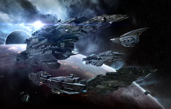 Туманность, планета, астероиды, Космос, space, космический корабль, eve online, титан
