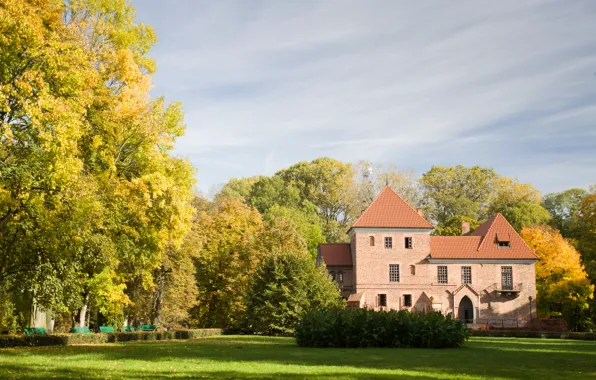 Картинка осень, деревья, природа, дом, парк, замок, Польша, архитектура