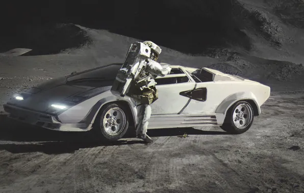 Картинка Lamborghini, Moon, Countach, Painting, Spaceman, Сanvas
