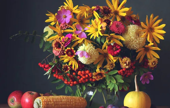 Картинка осень, цветы, яблоки, букет, colorful, фрукты, натюрморт, flowers