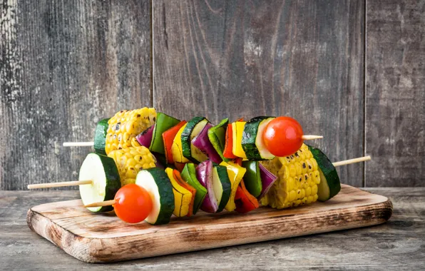 Кукуруза, доска, перец, овощи, помидоры, шашлык, кабачки, pepper