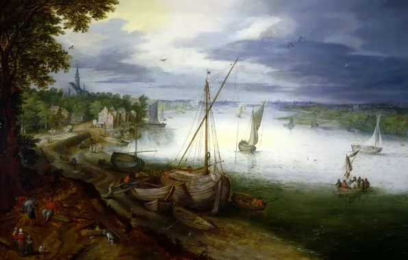 Картинка пейзаж, река, лодка, картина, Ян Брейгель младший, Вид на Шельду близ Антверпена