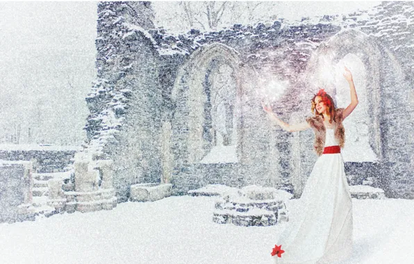 Картинка зима, белый, девушка, снег, радость, красный, настроение, праздник, новый год, танец, платье