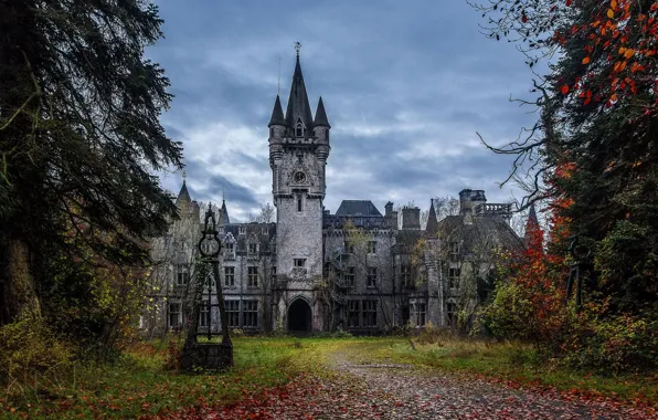 Дорога, небо, деревья, тучи, Бельгия, архитектура, Belgium, Miranda Castle