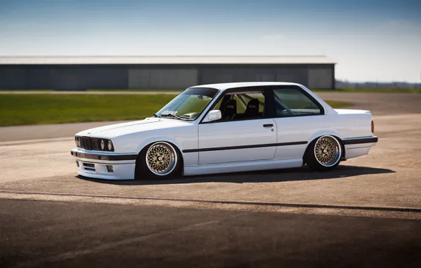 BMW, white, E30, BBS, stance