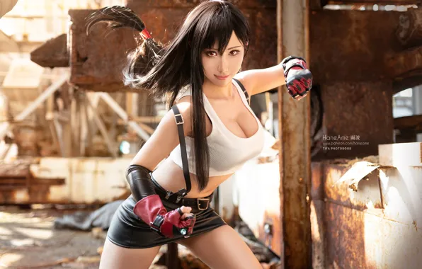 Картинка Asian, red eyes, model, women, cosplay, brunette, gloves, T-shirt