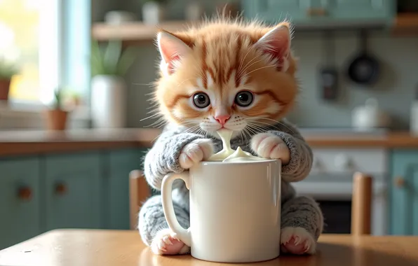 Кошка, взгляд, поза, котенок, малыш, рыжий, мордашка, сметана