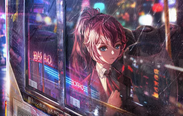 Девушка, Неон, Дождь, Стиль, Girl, Окно, Арт, Art