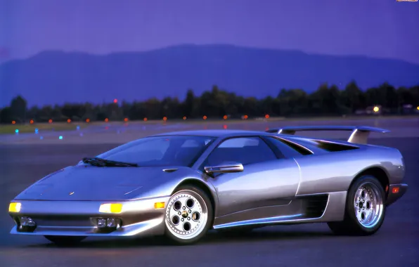Lamborghini, silver, supercar, 90s, night, Diablo, v12, upscaled
