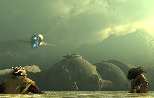 Sky, water, clouds, mountain, spaceship, planet, left behind