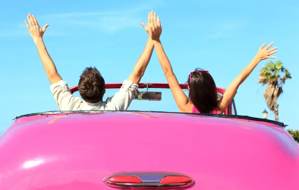 Машина, небо, девушка, радость, счастье, фон, розовый, обои