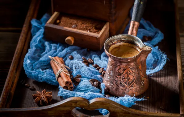 Картинка пряности, турка, кофе, Shaiith, кофемолка, поднос