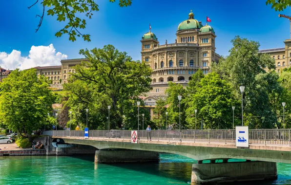 Лето, мост, река, здание, Швейцария, Switzerland, Bern