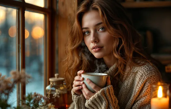 Girl, cup, look, candle, ai art