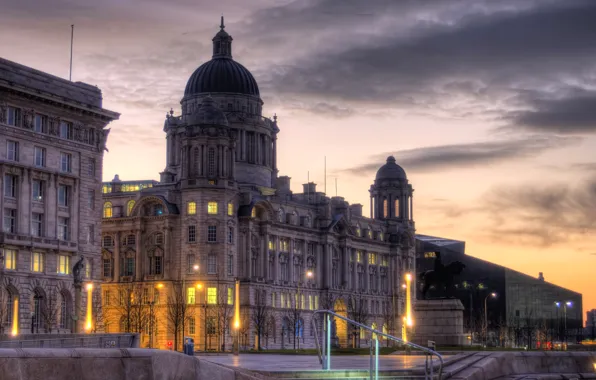 Здание, Англия, HDR, вечер, фонари, Liverpool