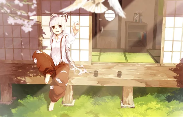 Картинка девушка, радость, напиток, жест, touhou, art, fujiwara no mokou, pietani 397