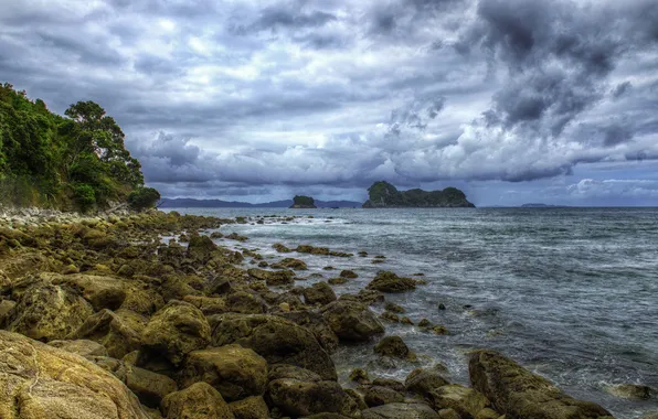 Море, облака, природа, камни, фото, побережье, Новая Зеландия, Rocky Coast