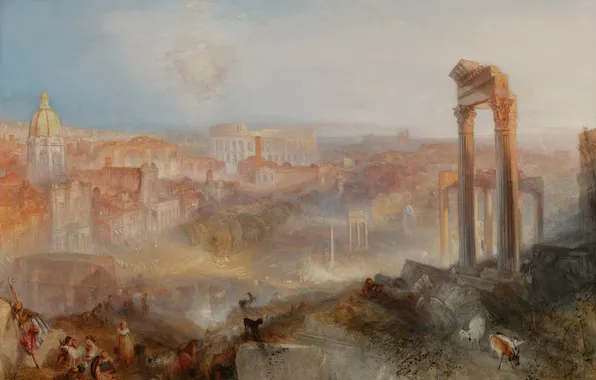 Люди, картина, Колизей, развалины, городской пейзаж, Уильям Тёрнер, Современный Рим - Кампо Ваччино