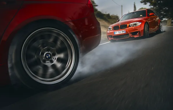 BMW, Orange, Red, Race, Cars, Smoke, Drifting