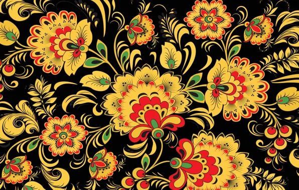 Картинка листья, цветы, желтый, ягоды, фон, узоры, узор, Россия
