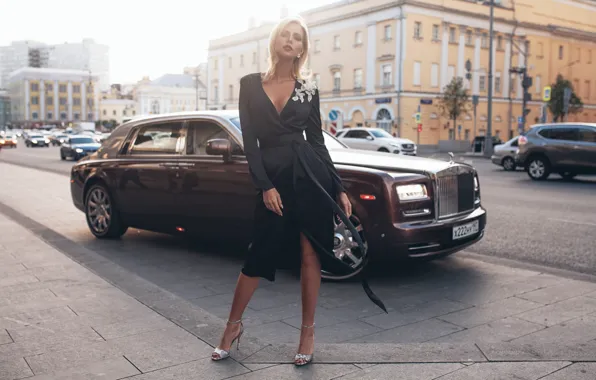 Машина, авто, девушка, поза, стиль, модель, Rolls-Royce, платье