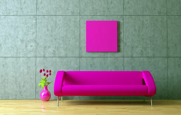 Цветы, стиль, креатив, стена, розовый, стены, арт, диваны
