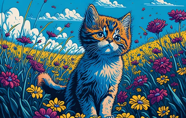 Кошка, котенок, живопись, цифровая живопись, ИИ-арт, нейросеть, искусство искусственного интеллекта, цифровое искусство •