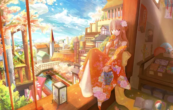 Картинка город, настроение, окно, фонарик, леденец, кимоно, аниме. девочка