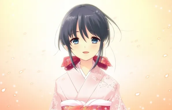 Картинка аниме, девочка, кимоно, голубые глаза, бант, тёмные волосы, жёлтый фон.