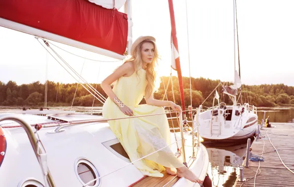 Картинка стиль, шляпа, яхта, блондинка, мода