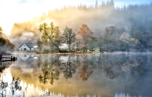 Картинка осень, небо, вода, облака, деревья, пейзаж, природа, озеро